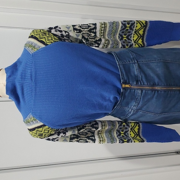 FREE PEOPLE Prism Sky Sweater Blue Bell Combo Top Sweater Mock Neck SMALL - Picture 5 of 5
